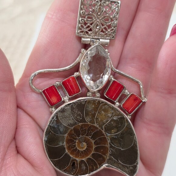 Vintage Ammonite Shell Red Coral Clear Gemstone Handmade Sterling Silver Pendant - Picture 12 of 12